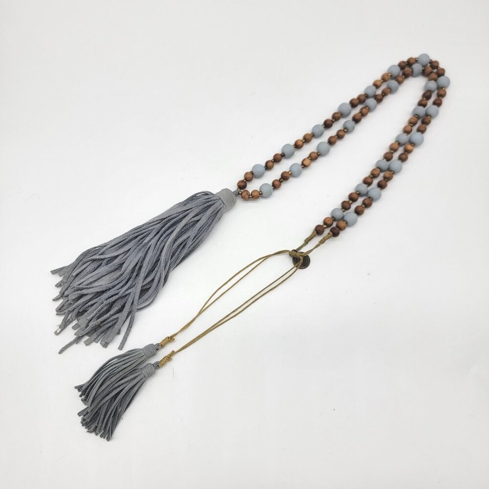 Mare Sole Amore Signed Mixed Material Blue‎ Gray Beaded Tassel Necklace Boho